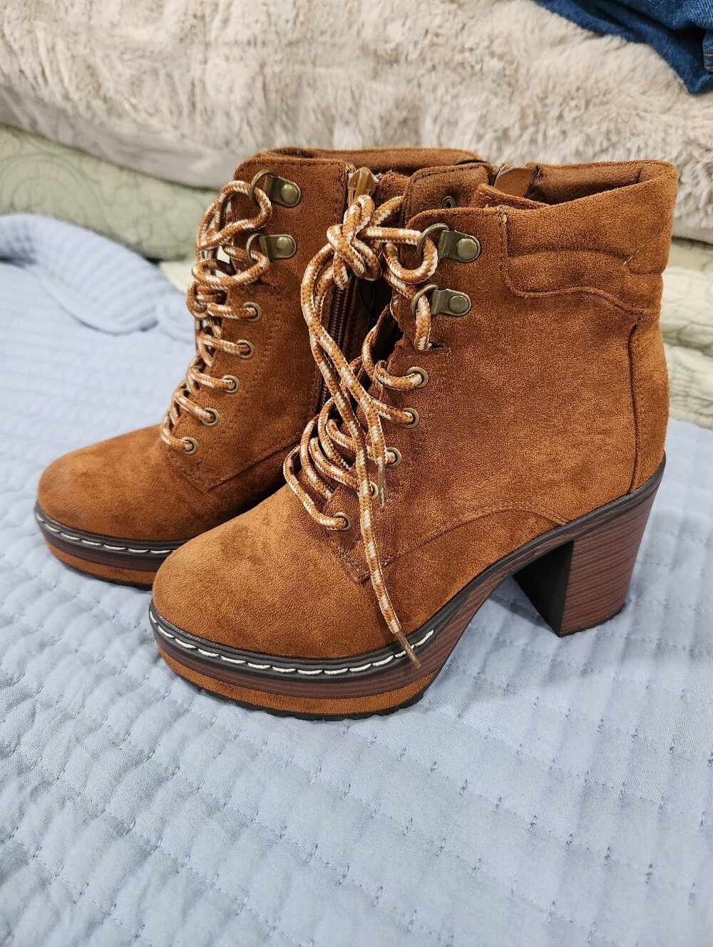 Altar'd State Tan Suede Lace-Up And Zip Up Combat Booties